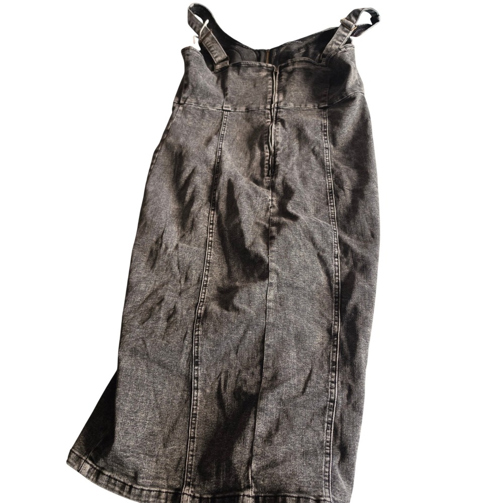 Utcoco Womens Acid Wash Denim Midi Dress Front Zip Bodycon Pinafore Grey XL